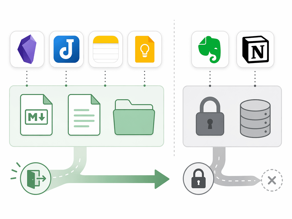 An editorial comparison graphic showing open-format apps (Obsidian, Joplin, Apple Notes, Google Keep) on the left versus proprietary-format apps (Evernote, Notion) on the right, with a clear visual divider and export pathway at the bottom.