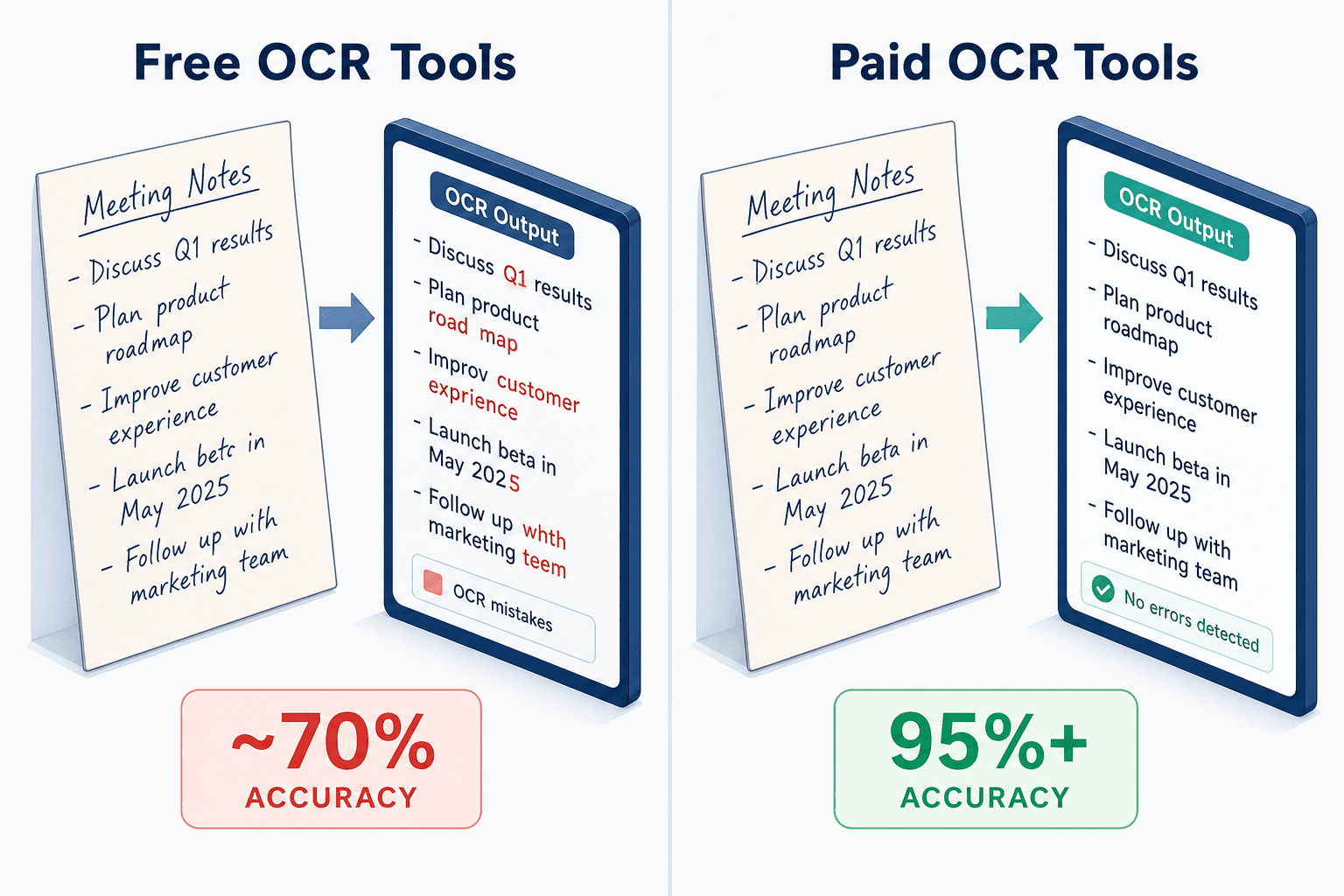 Comparison visual: left side labeled 'Free OCR Tools' shows a handwritten note with errors highlighted in red and a '~70%' accuracy badge; right side labeled 'Paid OCR Tools' shows the same note perfectly transcribed with a green '95%+' accuracy badge.