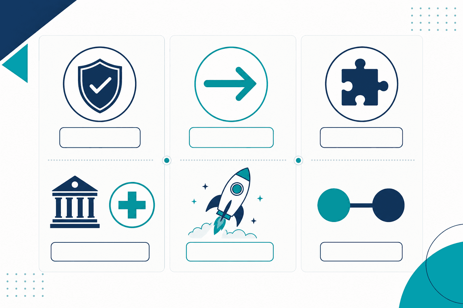 A three-column flat vector decision framework showing a shield icon for 'Keep' with bank and healthcare icons below it, an arrow and rocket icon for 'Migrate', and puzzle-piece and connected-circles icons for 'Hybrid'.