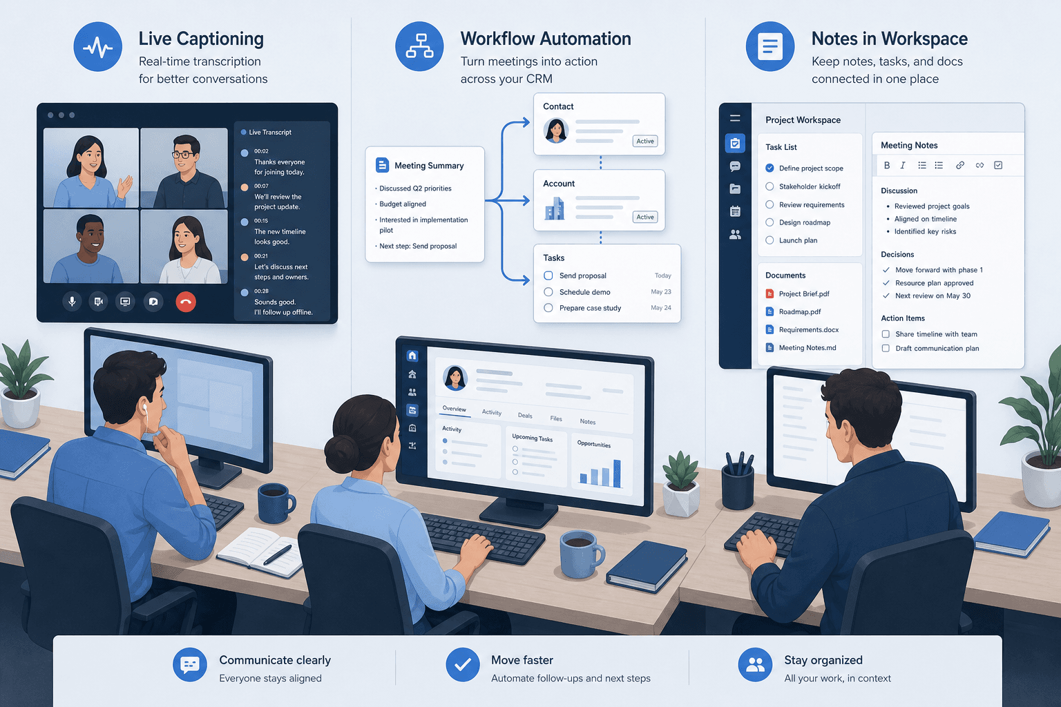 Isometric illustration showing three workspace lanes: a person on a video call with a real-time transcript, a person with a CRM dashboard, and a person with meeting notes embedded in a project workspace.