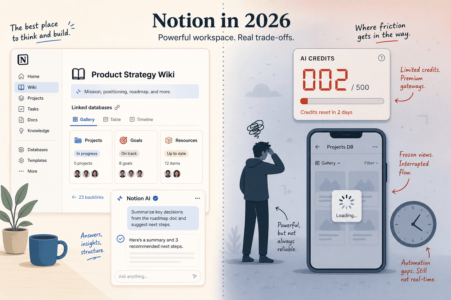 Split illustration showing Notion's dual identity: organized wiki workspace on left, credit meter and mobile issues on right.