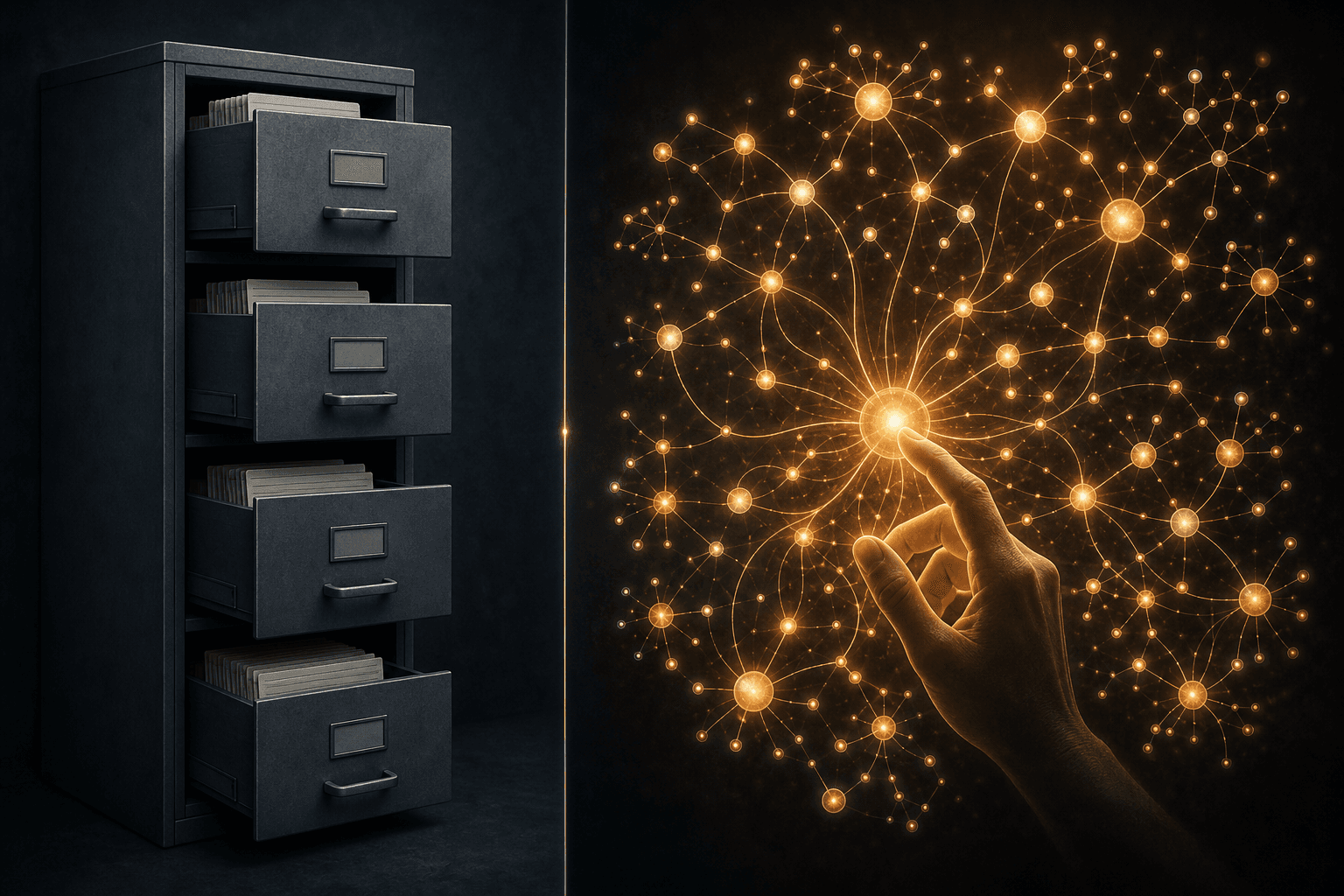Split illustration contrasting a siloed filing cabinet on the left with a luminous interconnected knowledge network on the right