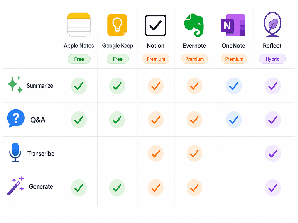 Comparison matrix showing four AI feature rows (Summarize, Q&A, Transcribe, Generate) crossed with six note-taking app columns, with green 'Free' labels on Apple Notes and Google Keep, orange 'Premium' labels on Notion, Evernote, and OneNote, and a purple 'Hybrid' label on Reflect.