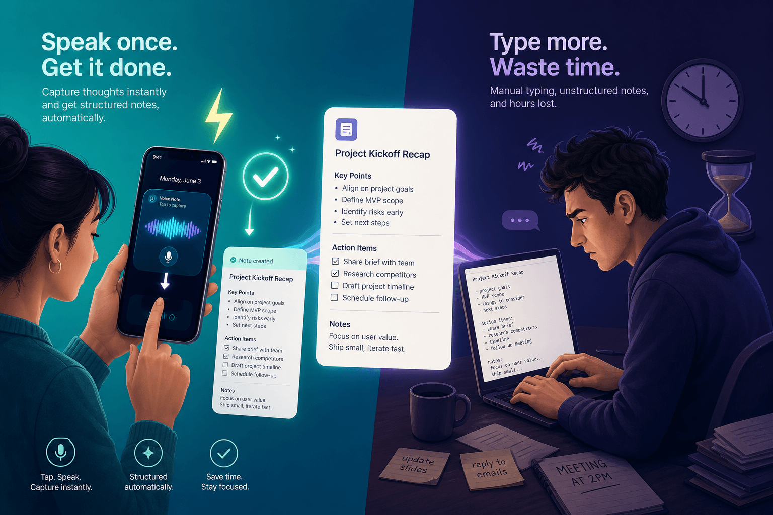 Split-screen illustration comparing voice capture on a phone versus typing on a keyboard.