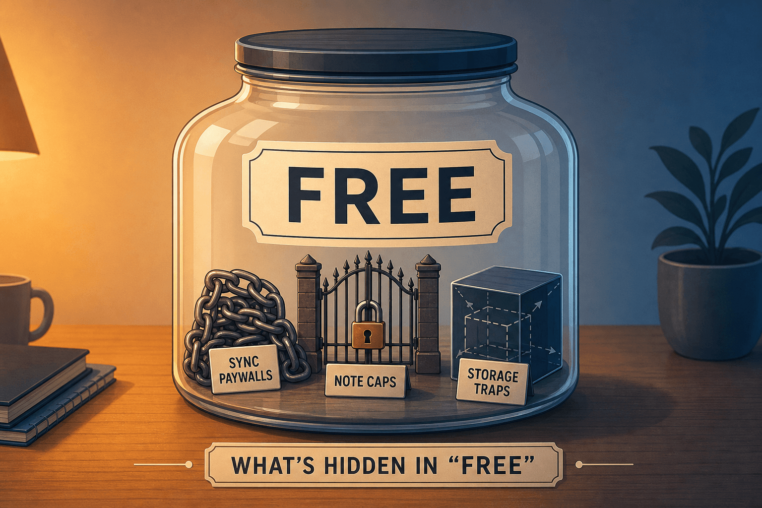 A conceptual illustration of a glass jar labeled FREE containing three hidden obstacles: a chain for sync paywalls, a locked gate for note caps, and a shrinking box for storage limits.