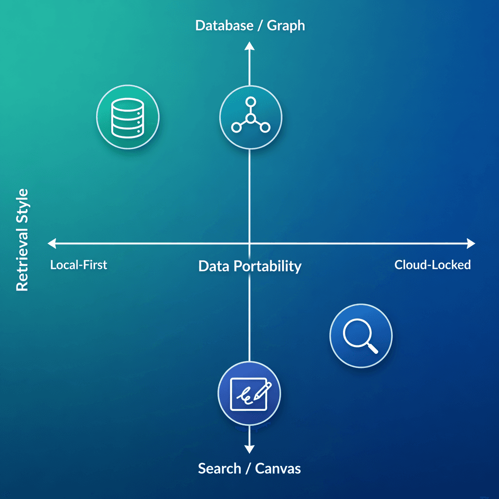 A 2-axis decision matrix diagram with Data Portability on the horizontal axis (Local-First to Cloud-Locked) and Retrieval Style on the vertical axis (Database/Graph to Search/Canvas), with abstract icon positions plotted across the quadrants.