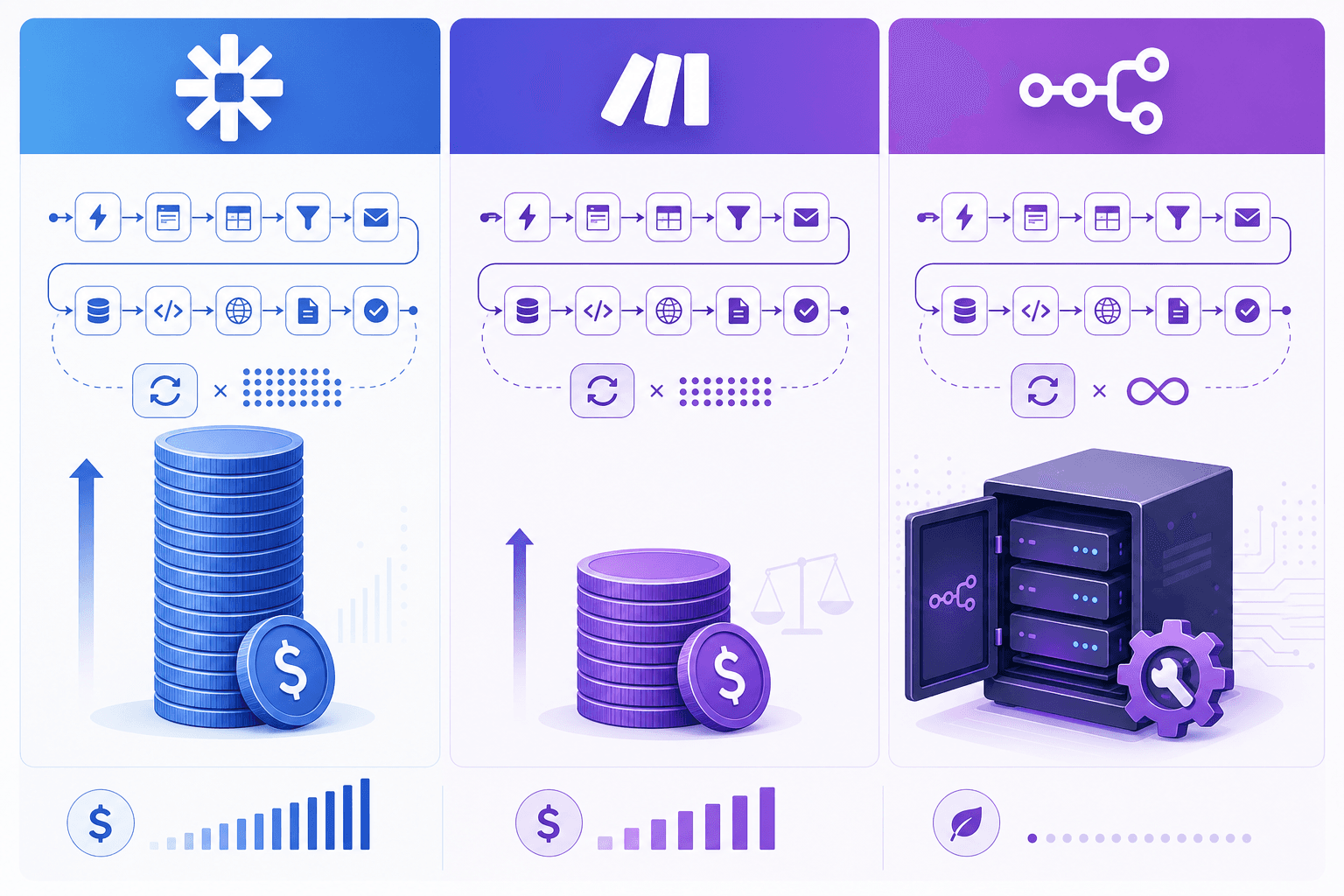 Three vertical columns comparing pricing models: a tall stack of coins on the left (task-based pricing), a moderate balanced stack in the center (operation-based), and an open server node with a small maintenance cog on the right (free self-hosted). Blue-to-purple gradient.