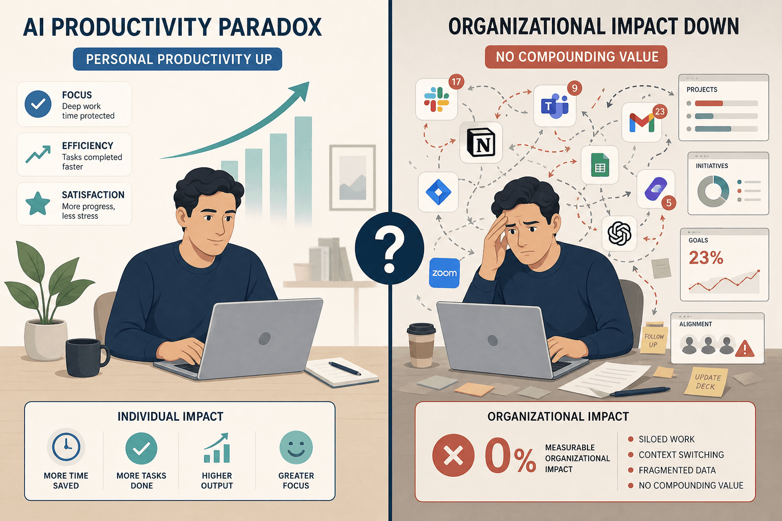 A split-composition flat vector illustration showing the AI productivity paradox. Left side: calm worker with upward arrows and simple indicators. Right side: same worker surrounded by chaotic app icons and a red statistic. A dividing line with a question mark runs down the center.