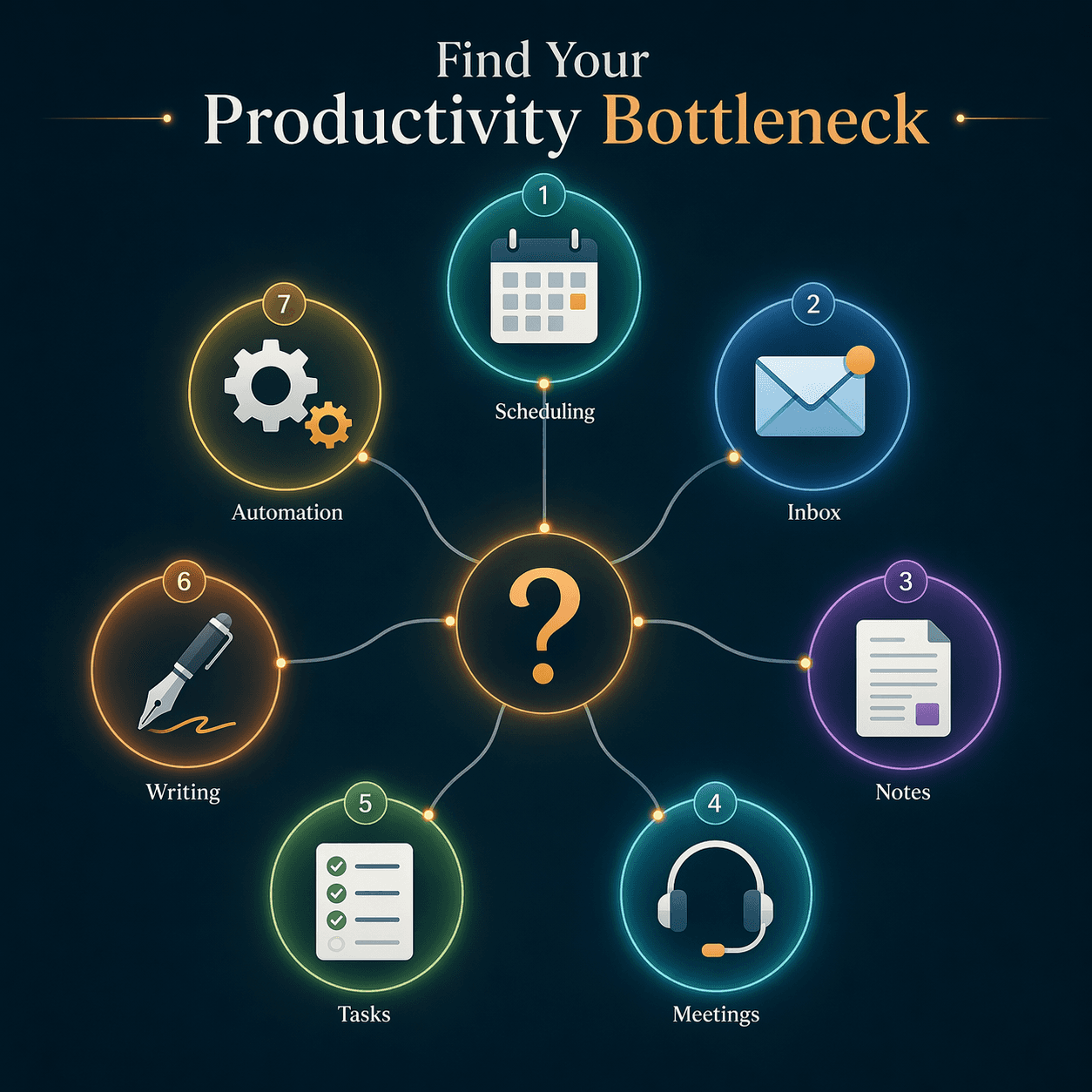 Diagnostic framework illustration with seven circular icons arranged in a ring around a central question mark, representing scheduling, email, notes, meetings, tasks, writing, and automation.