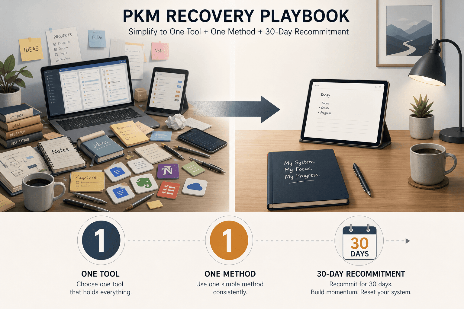 An editorial illustration showing a transition from a cluttered desk with scattered tools to a simple focused workspace with one notebook, one pen, and one clean device.