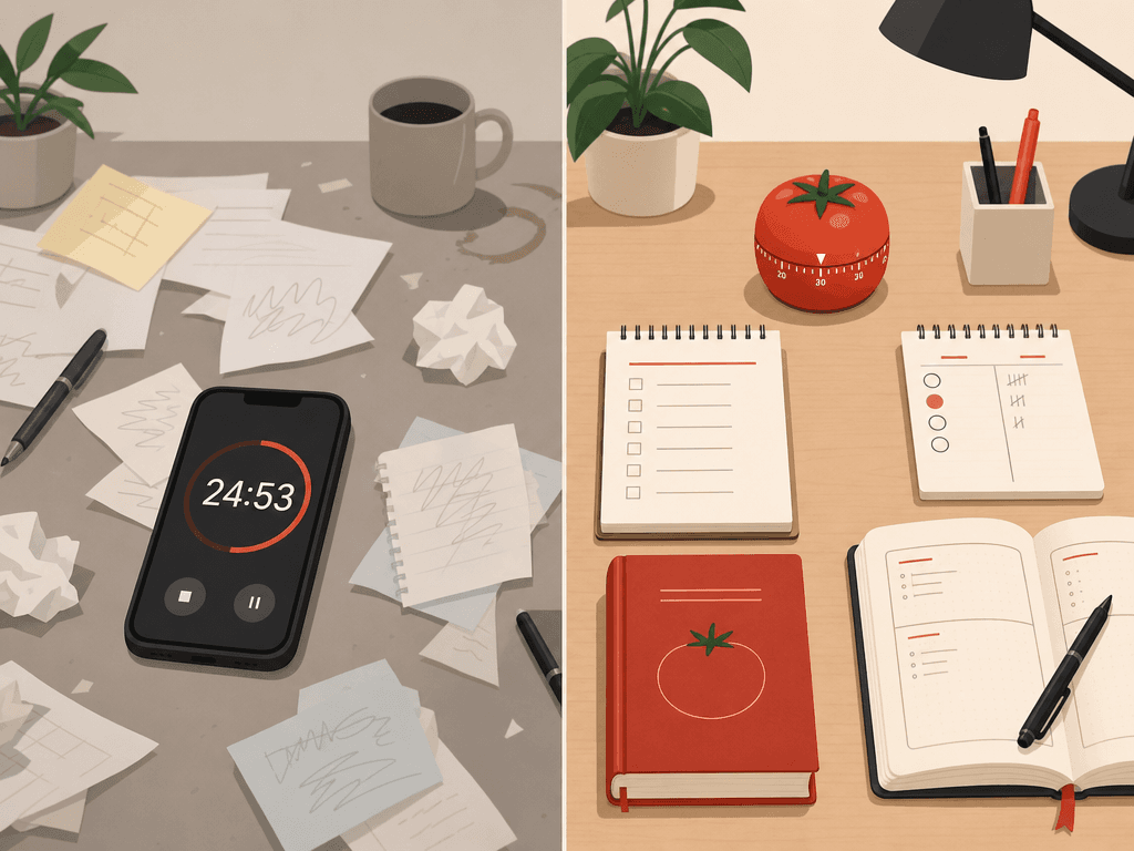A flat vector side-by-side comparison: left side shows a disorganized desk with just a phone timer and scattered papers, right side shows a structured desk with a tomato timer, notepad, planning list, and a book.