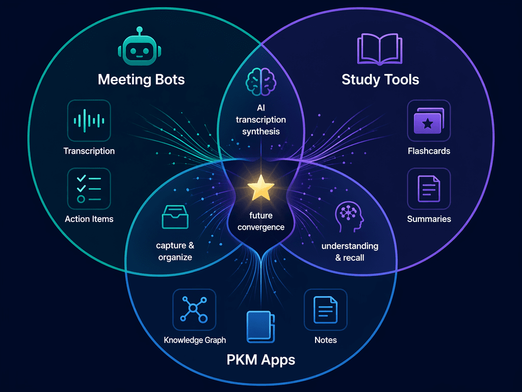 Venn diagram with three overlapping circles labeled Meeting Bots, Study Tools, and PKM Apps, with overlapping regions showing AI transcription synthesis, understanding and recall, and capture and organize, and a star at the center triple overlap.