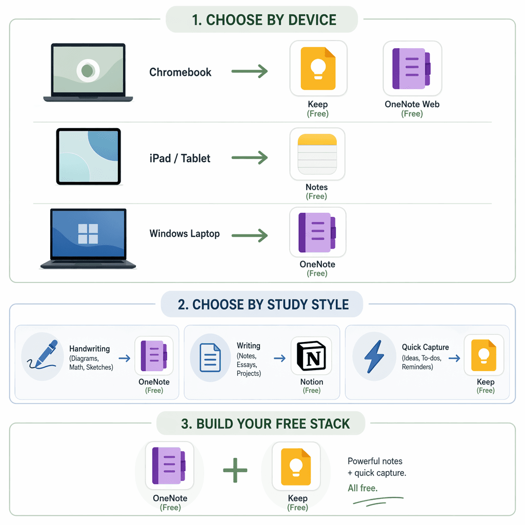 A decision flow infographic showing device icons (Chromebook, iPad, Windows laptop) with arrows to recommended free app icons, study-style icons with arrows to apps, and a free-stack pairing shown by two app icons connected by a plus symbol.