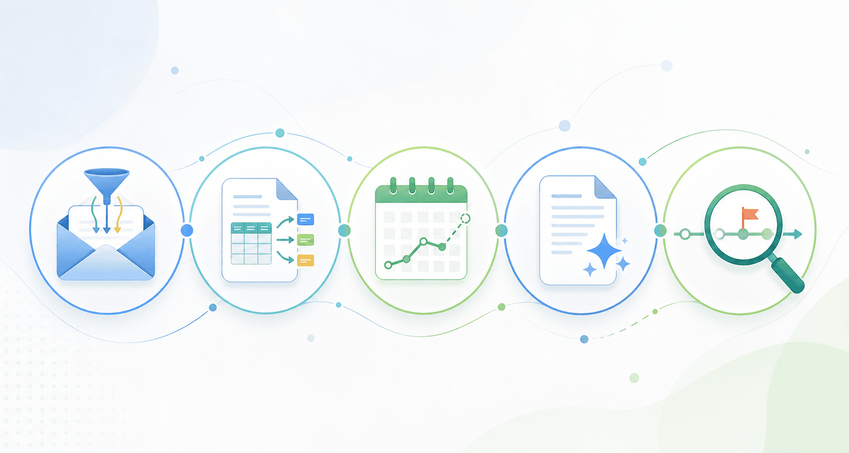 A flat illustration in blue and green tones showing five workflow application icons arranged horizontally and connected by light flowing lines: an envelope with a sorting symbol for email triage, a document with extraction arrows for data extraction, a calendar with a predictive graph for scheduling, a document with a sparkle for summarization, and a magnifying glass over a timeline with an alert flag for anomaly detection.