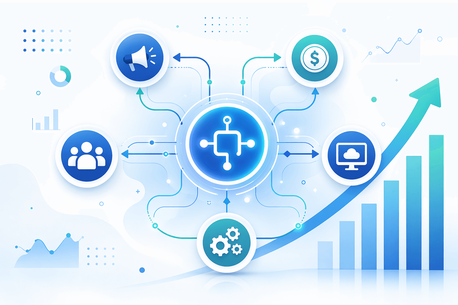 A flat vector illustration with a central glowing blue-teal hub icon connected to five business function icons — marketing megaphone, finance coin, HR people, IT monitor, and operations gears — with smooth arrow flows between them and a subtle upward trend arrow on the right side against a white background with soft gradients.