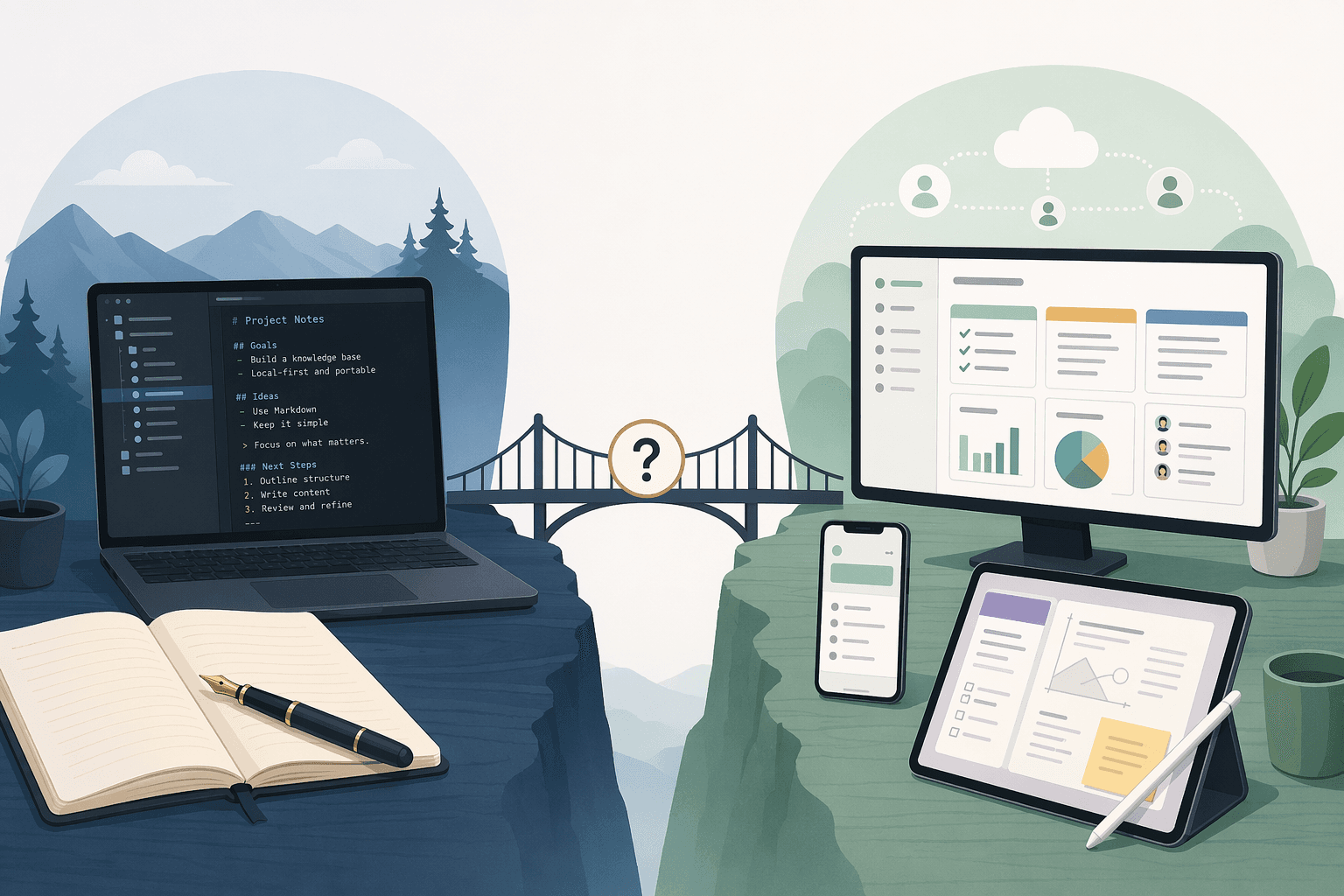 Split-comparison illustration showing a local-first workspace on the left and a cloud-first workspace on the right, connected by a bridge with a question mark.