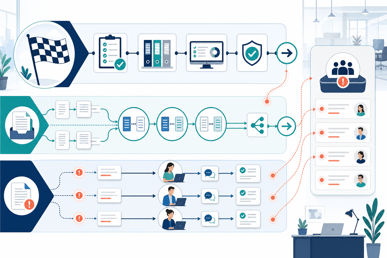 A three-lane process illustration showing close kickoff readiness checks, reconciliation routing, and exception handling flowing into a review queue.