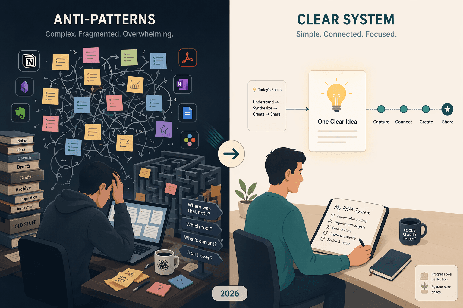 Split-screen illustration comparing a cluttered, tangled PKM system on the left with a clean, minimal working system on the right.