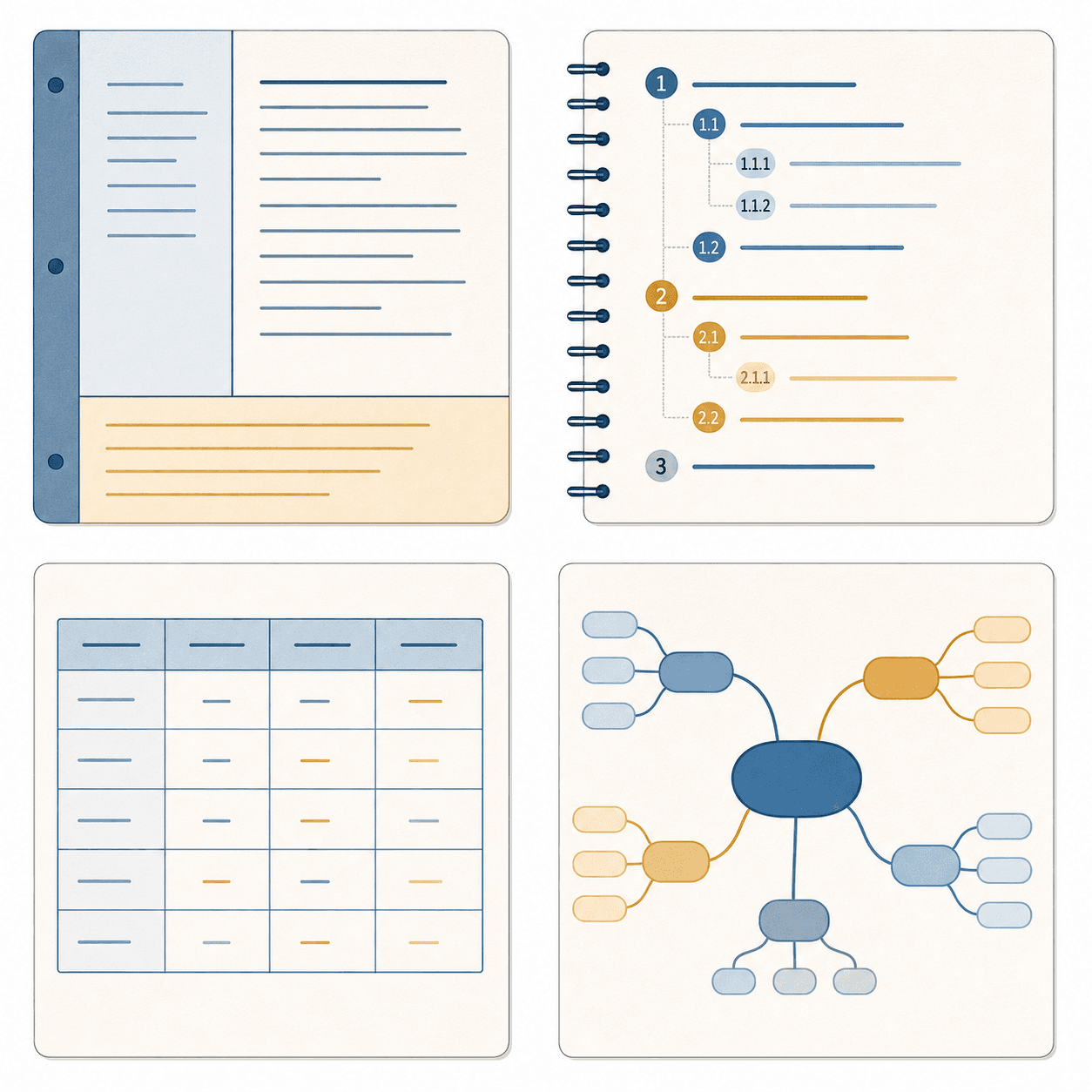 A four-panel grid illustration showing note-taking method structures: a Cornell-style divided page with cue column and summary section (top left), a hierarchical outline with indented bullet levels (top right), a table-style charting grid (bottom left), and a mind map with a central node and branching connections (bottom right), in blue and amber tones on a white background.