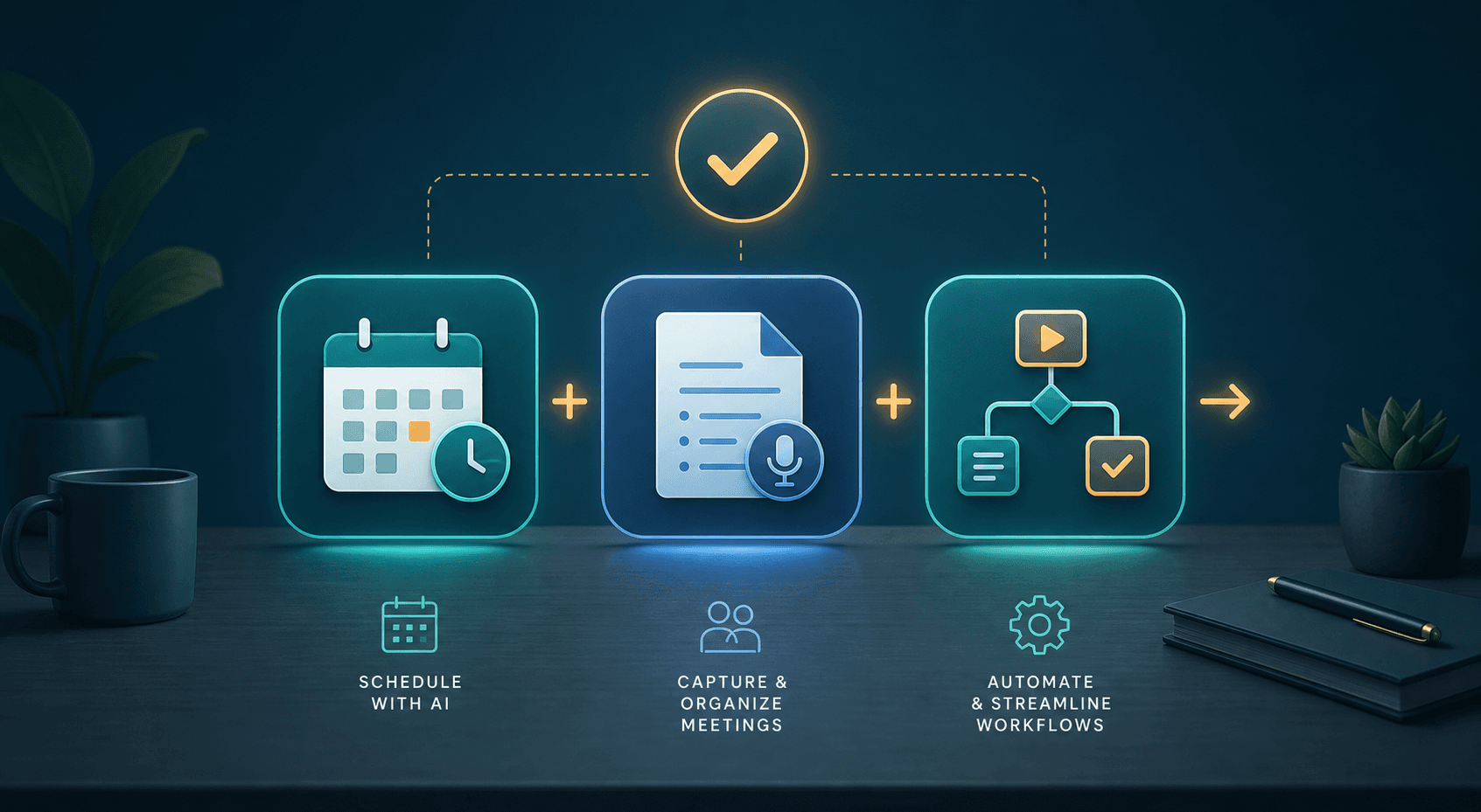 Three glowing app icons representing scheduling, note-taking, and automation arranged in a horizontal row connected by plus-sign arrows, with a small efficiency badge icon floating above.