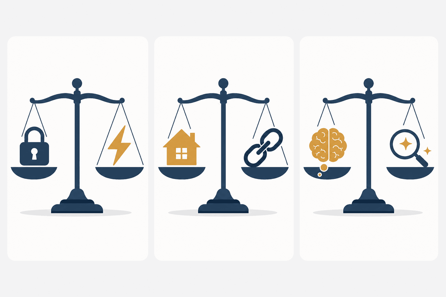 A three-panel editorial illustration showing balance-scale comparisons of PKM trade-offs: privacy vs convenience, data ownership vs vendor lock-in, and cognitive benefit of manual linking vs AI retrieval speed.