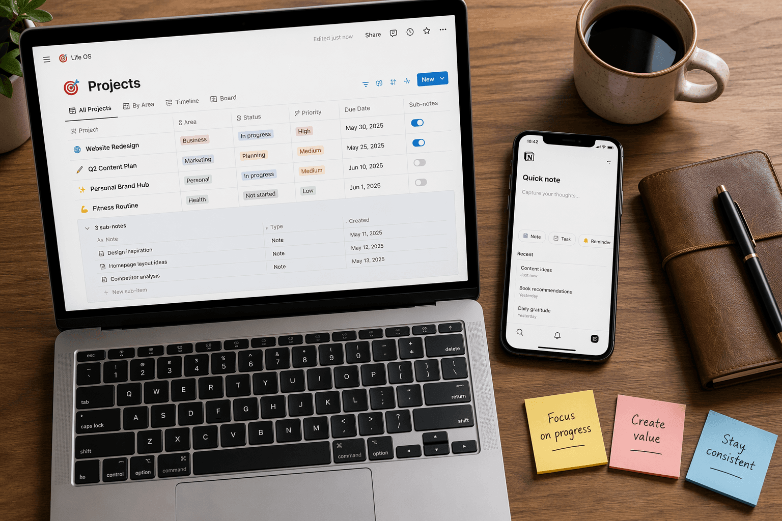 A flat-lay composition on a warm wood desk surface showing a silver laptop open to a Notion page with database properties and toggle sub-notes, a smartphone displaying the Notion quick-capture interface, a leather notebook and pen, a ceramic coffee cup, and three colorful sticky notes arranged at the bottom corner.
