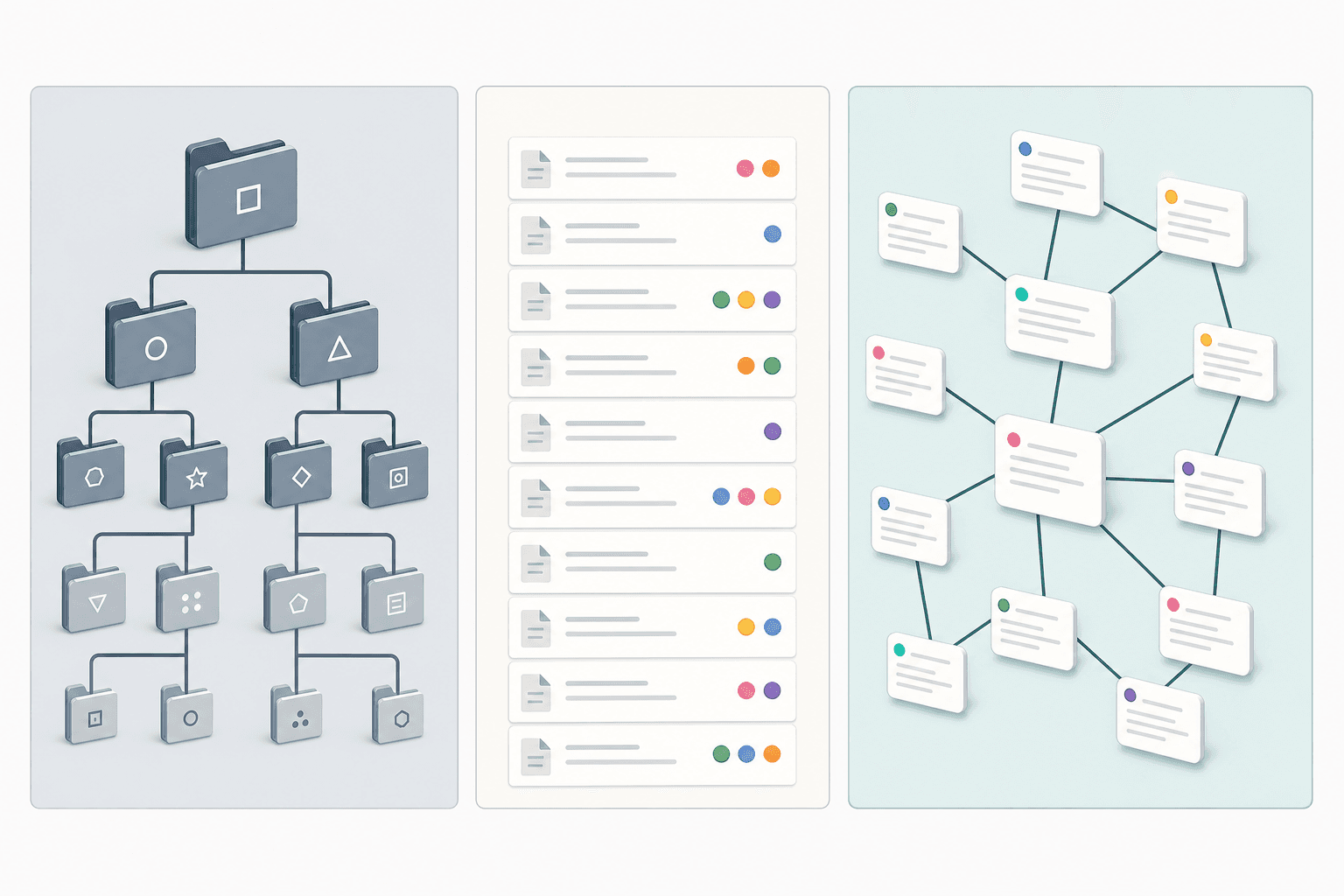 Three side-by-side panels showing different note organization approaches: a nested folder tree, a flat list of note cards with tags, and an organic web of linked notes.