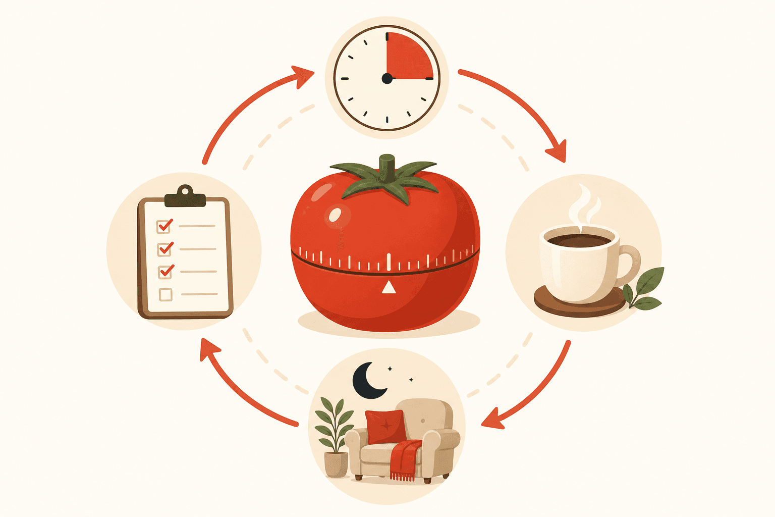 A flat vector illustration centered on a tomato-shaped kitchen timer, surrounded by a circular workflow: a to-do list, a clock showing 25 minutes, a coffee cup break icon, and a moon rest icon, all in warm tomato-red and neutral cream tones.