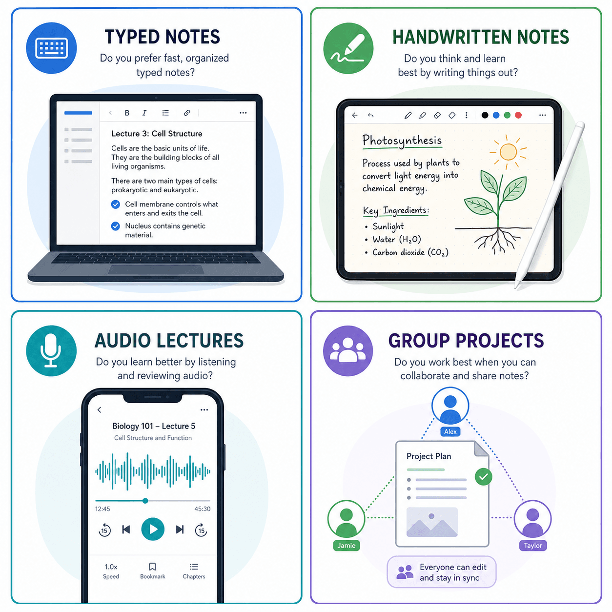 A split-screen infographic showing four study style quadrants: typed notes, handwritten notes, audio lectures, and group projects.