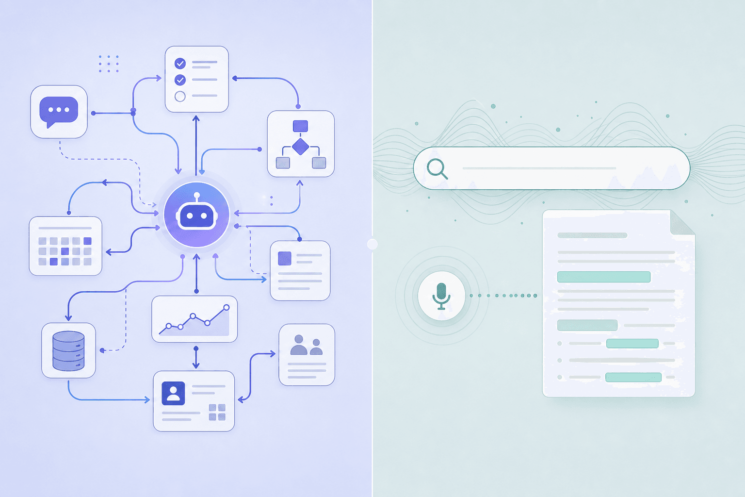 Split illustration contrasting Notion's interconnected AI agent network with Evernote's conversational search bar and semantic retrieval interface