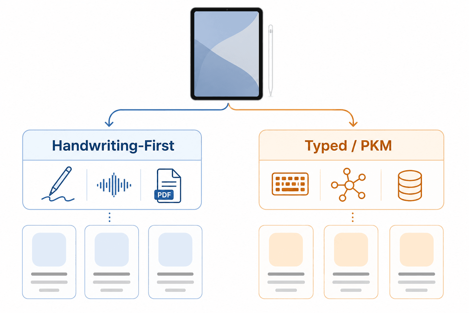 Decision diagram showing iPad note-taking apps split into Handwriting-First and Typed/PKM branches