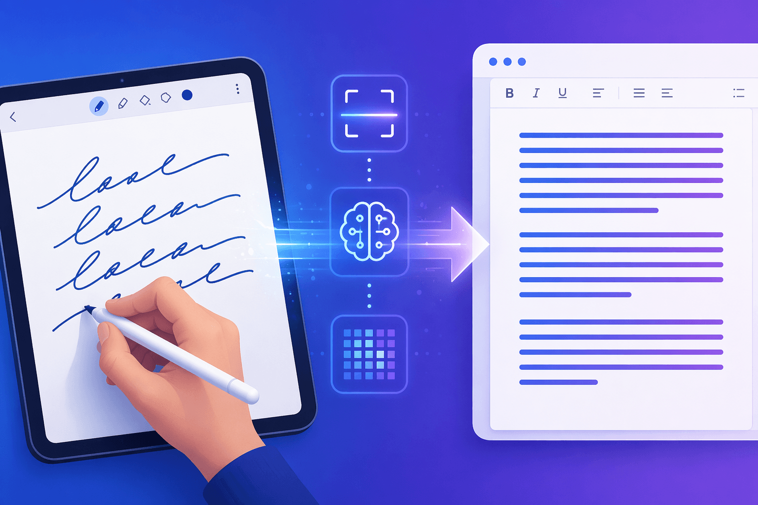 A split-composition illustration showing handwritten text on a tablet transforming through a glowing AI pipeline into clean digital text on a screen.