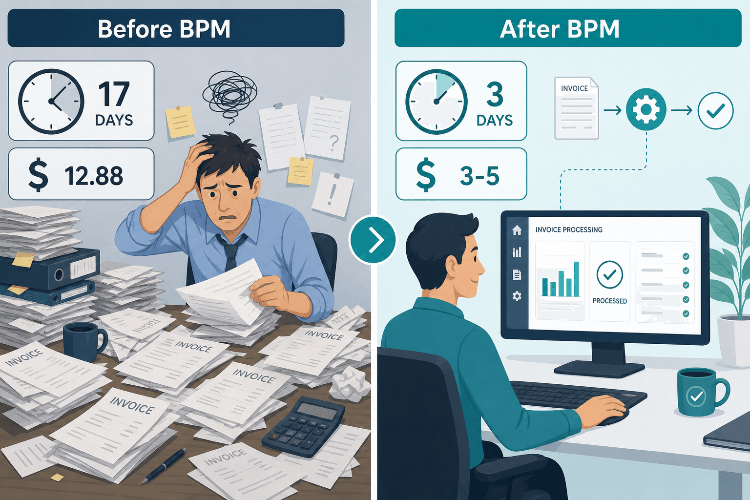 Before-and-after infographic showing manual invoice processing on the left with scattered papers and a stressed worker versus automated BPM processing on the right with a clean digital dashboard and calm worker.