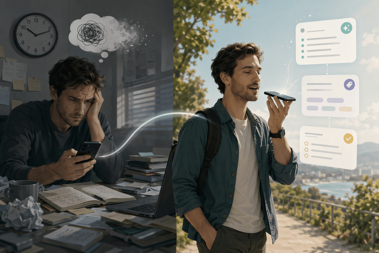 Split-screen illustration comparing a frustrated person typing at a desk with a fading thought bubble versus the same person speaking into a phone while walking outdoors with AI-organized note cards appearing above the phone.