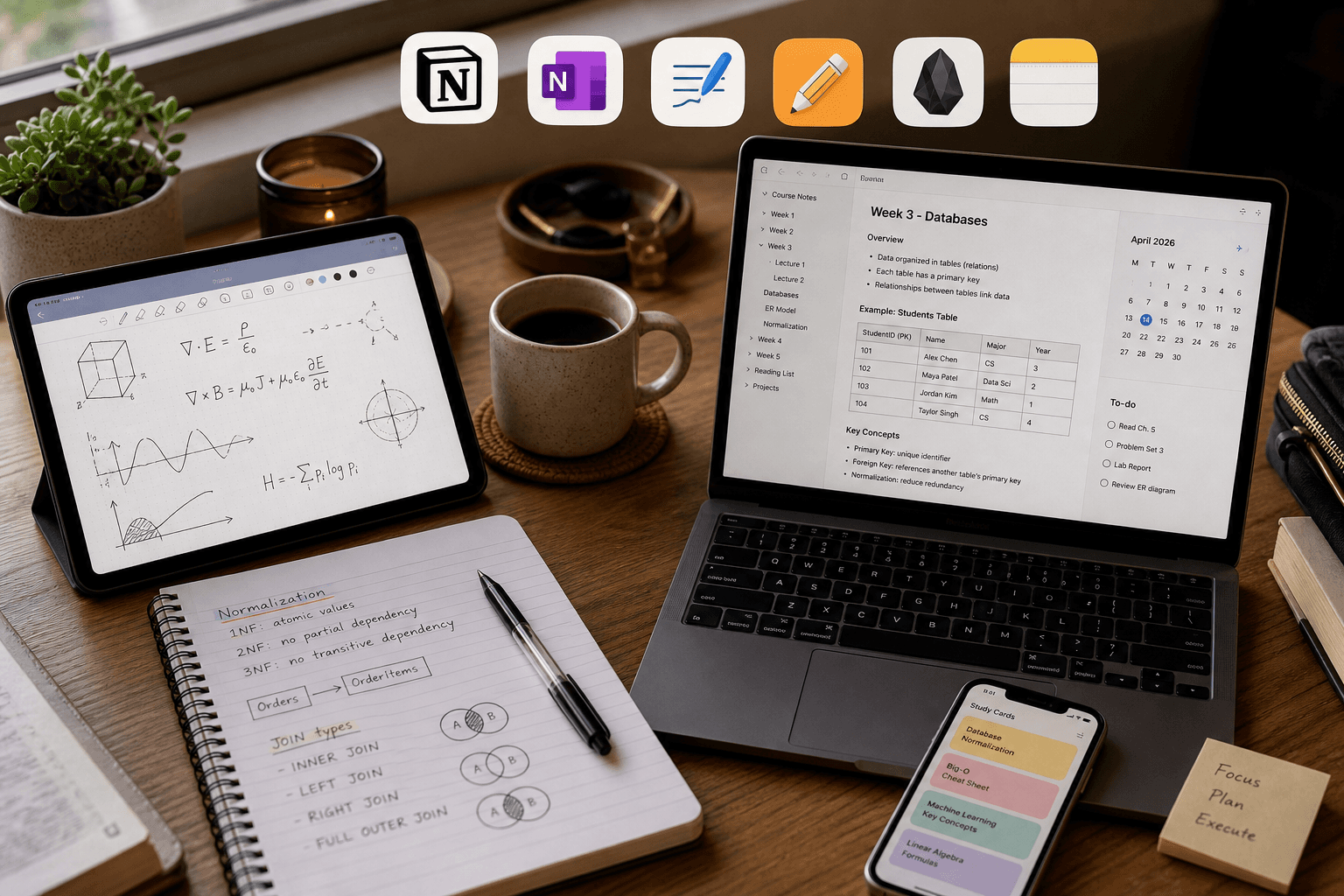 A warm flat-lay of a student desk in 2026 with two distinct zones: left side shows an iPad with Apple Pencil displaying handwritten equations beside a coffee cup and paper notebook; right side shows a laptop with a note-taking interface, database table, and calendar widget beside a smartphone displaying colorful note cards. Six subtle app icons (Notion, OneNote, GoodNotes, Notability, Obsidian, Apple Notes) are arranged in a semicircle overlay at the top, contrasting handwriting capture with typed organization.