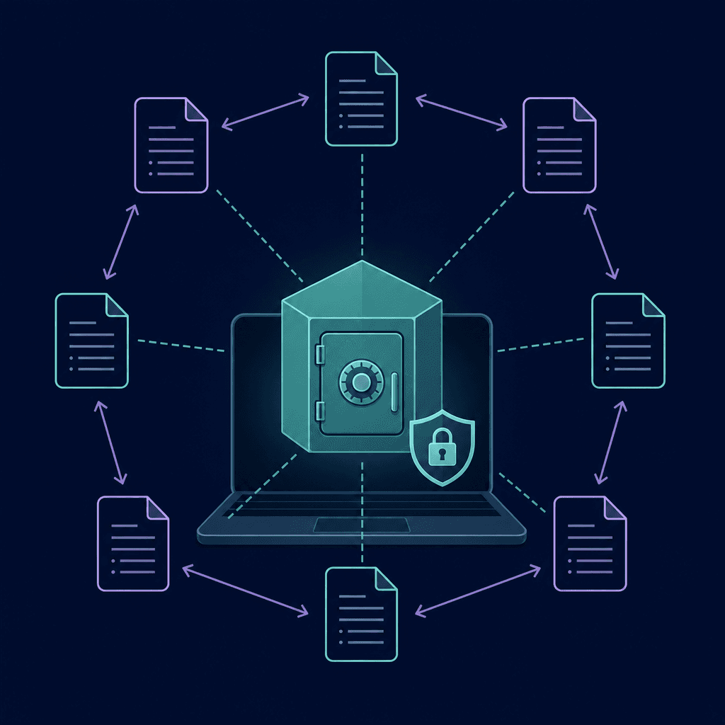 A minimalist illustration showing a central hexagonal vault icon on a personal device, surrounded by plain document icons connected by bidirectional link arrows, with a faint shield symbol suggesting data ownership.