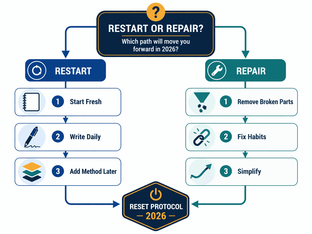 Decision flow diagram showing two branches: restart path with icons for starting fresh, writing daily, and adding method later; repair path with icons for removing broken parts, fixing habits, and simplifying.