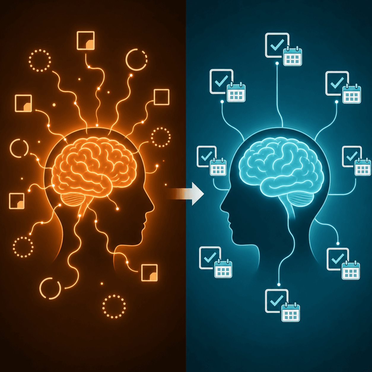 A two-part comparison illustration showing a brain with floating unfinished tasks in warm tones on the left, and a calm brain with organized plan icons in cool tones on the right.