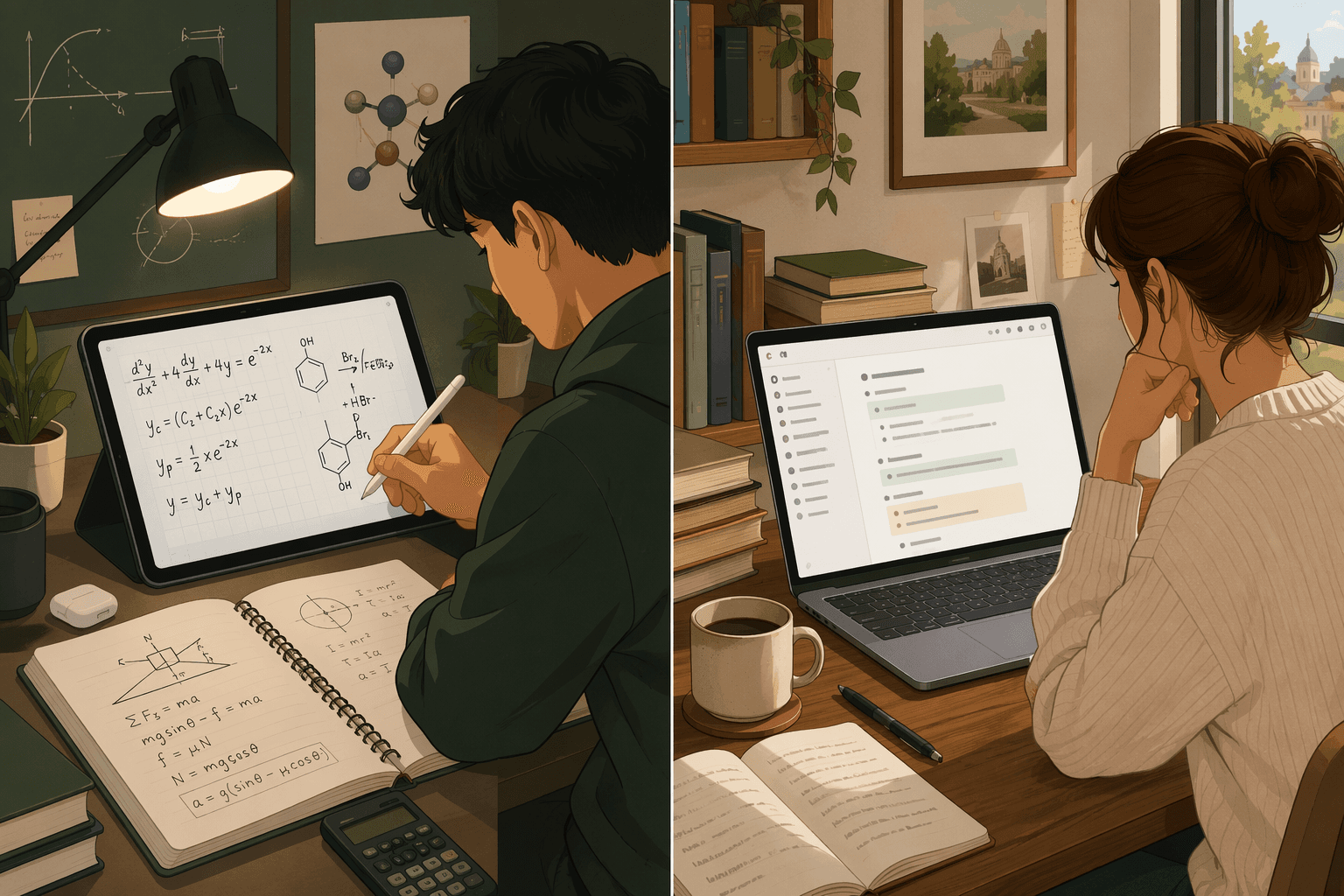 Split-scene illustration showing a STEM student writing handwritten equations on an iPad with an Apple Pencil on the left, and a humanities student organizing structured notes on a laptop on the right.