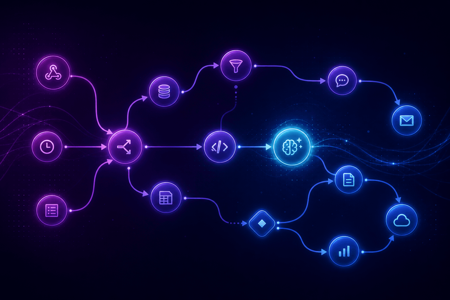 Branching automation workflow canvas with glowing circular nodes on a deep purple-to-navy gradient background, representing Make's visual scenario builder.