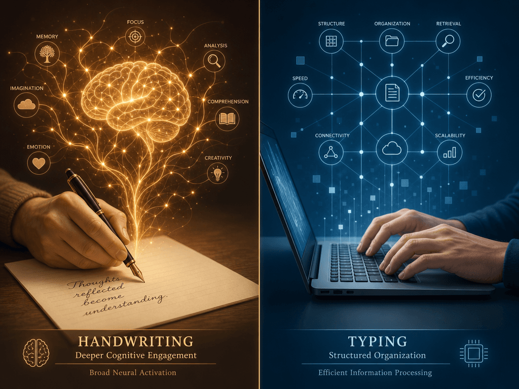 Split editorial illustration: left side shows a hand writing with a fountain pen on paper with glowing neural pathways rising into a brain silhouette; right side shows fingers typing on a laptop keyboard with organized geometric nodes and connected dots forming a digital network above