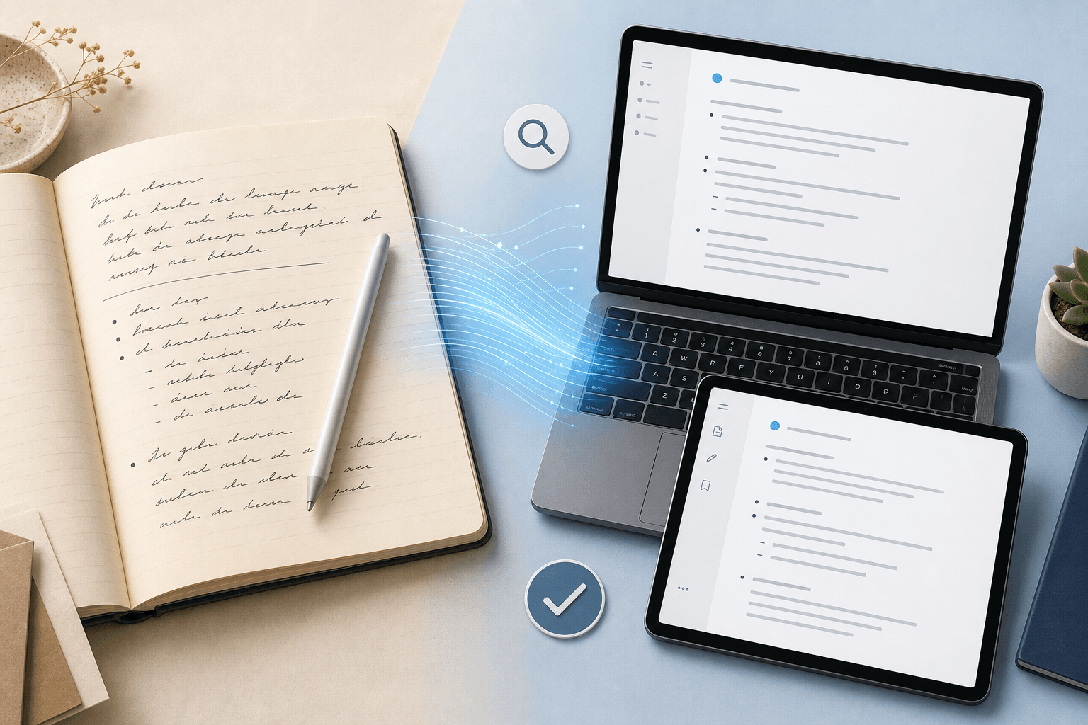 Flat-lay composition showing an open paper notebook with handwritten notes transitioning to a laptop and tablet displaying clean typed digital text.