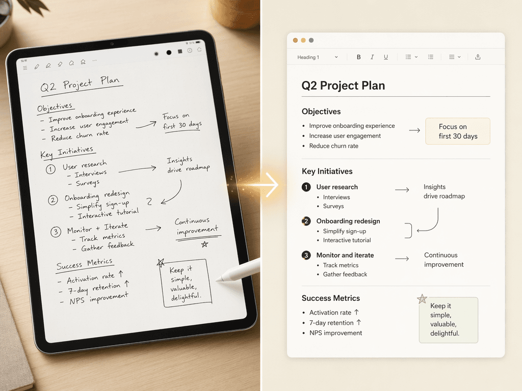 Split-screen illustration comparing handwritten notes on a tablet (left) with the same content converted to clean digital typed text (right), with a subtle transition effect between the two sides.