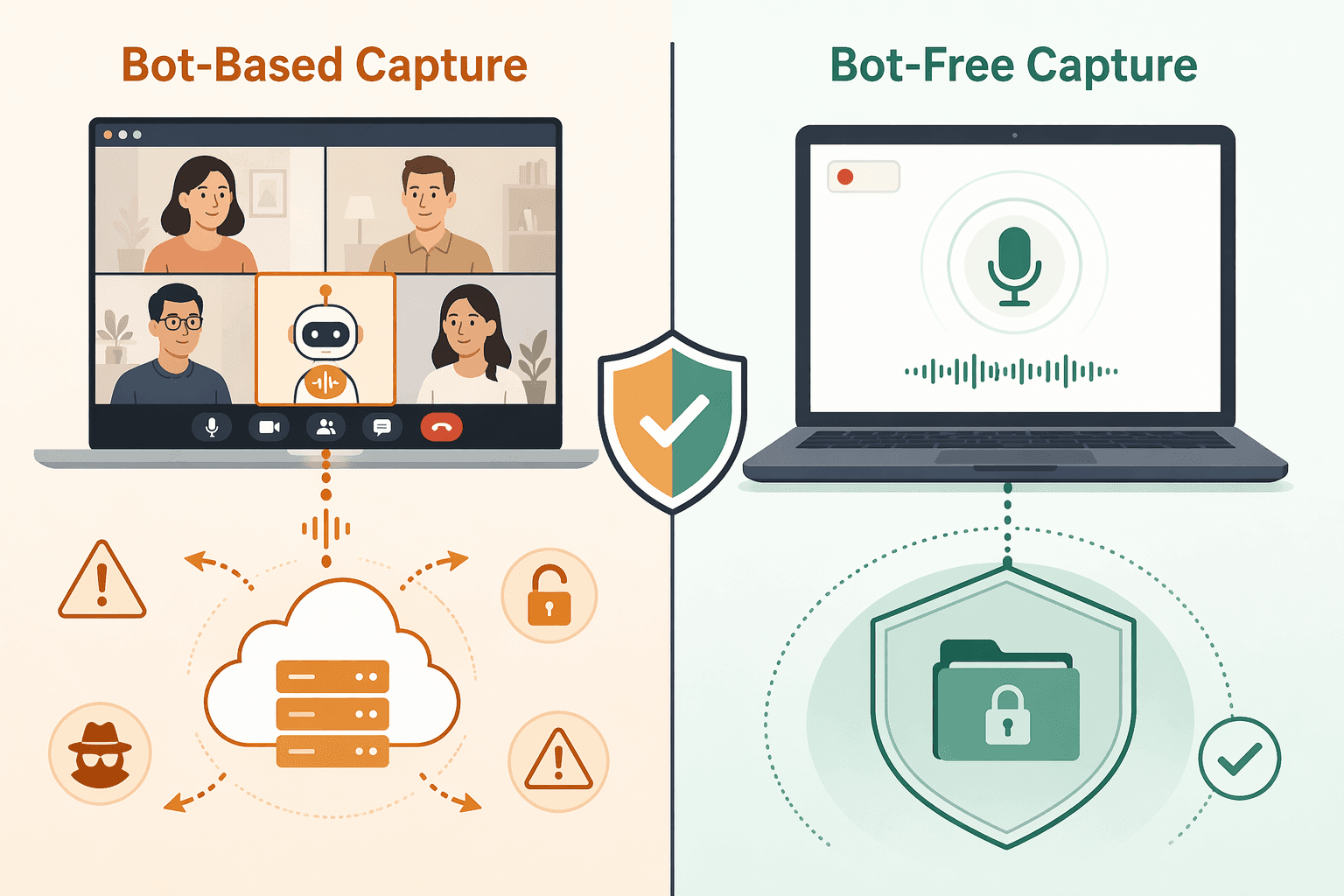 Comparison illustration showing bot-based capture on the left with data flowing to a cloud server and warning icons, and bot-free local capture on the right with data staying inside a shielded device icon, separated by a shield symbol.