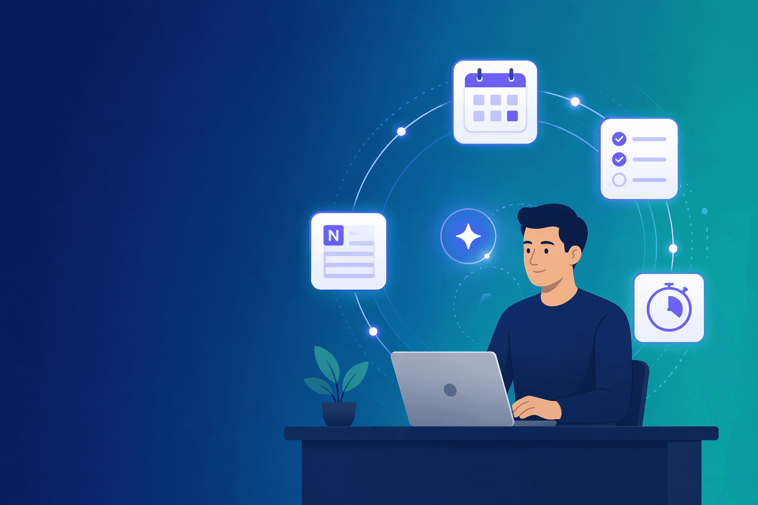 A calm knowledge worker at a desk surrounded by a circular orbit of floating productivity tool icons including a calendar, to-do list, note-taking app, timer, and spark icon, against a deep blue-to-teal gradient background.