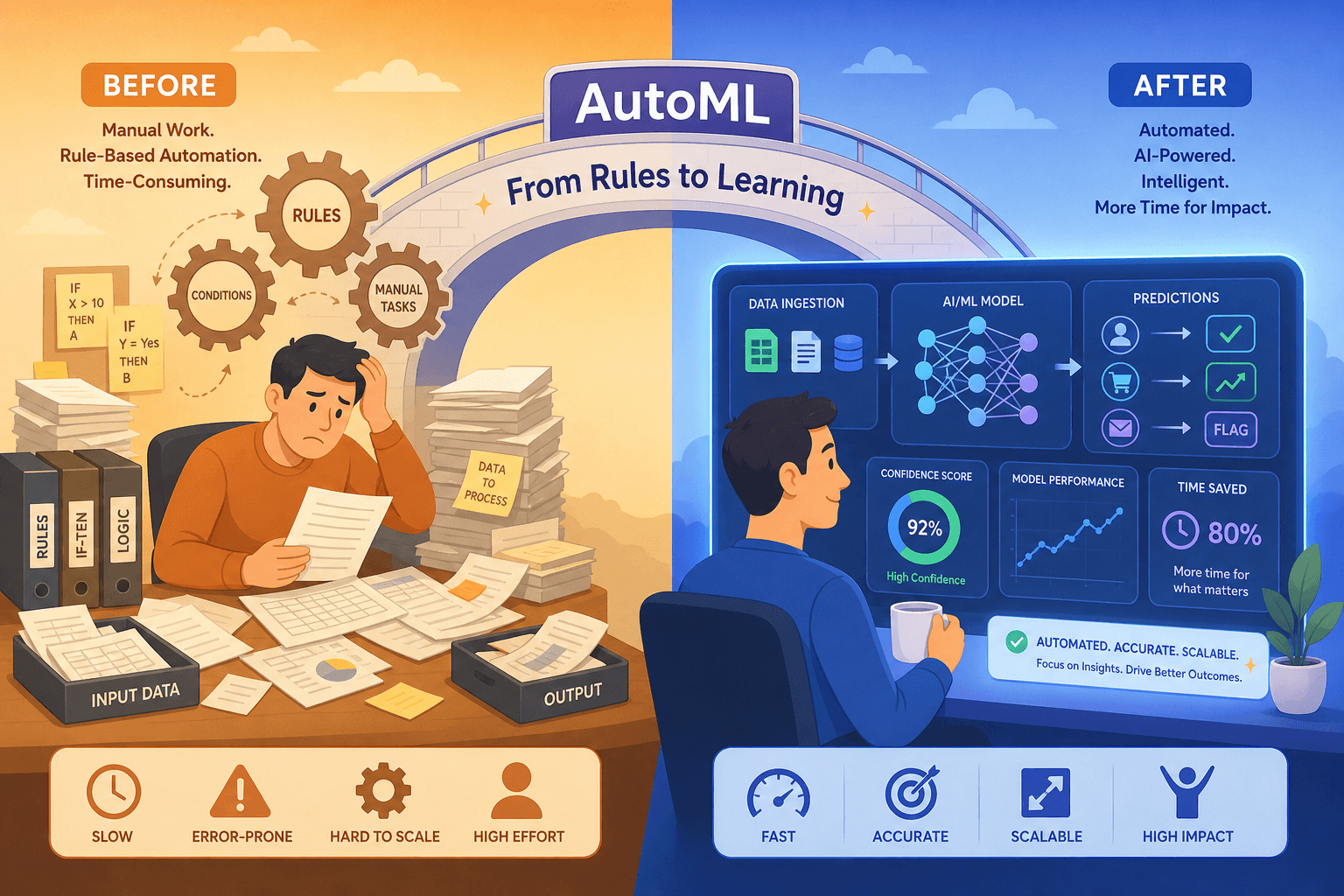 A flat vector illustration split into two scenes connected by a bridge labeled 'AutoML'. Left side shows a person sorting messy papers and files surrounded by gears in warm amber tones. Right side shows the same person watching a glowing dashboard with neural network nodes, prediction arrows, and confidence scores in cool blue and purple tones. Text 'From Rules to Learning' is centered on the connecting bridge.