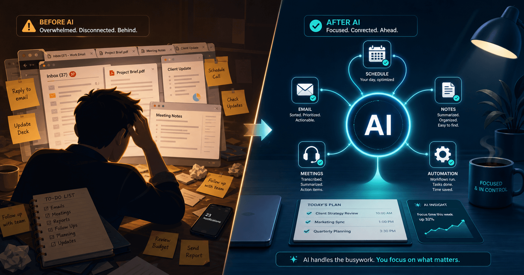 Split-screen illustration comparing a cluttered, stressful workspace on the left with a streamlined, AI-orchestrated workspace on the right.
