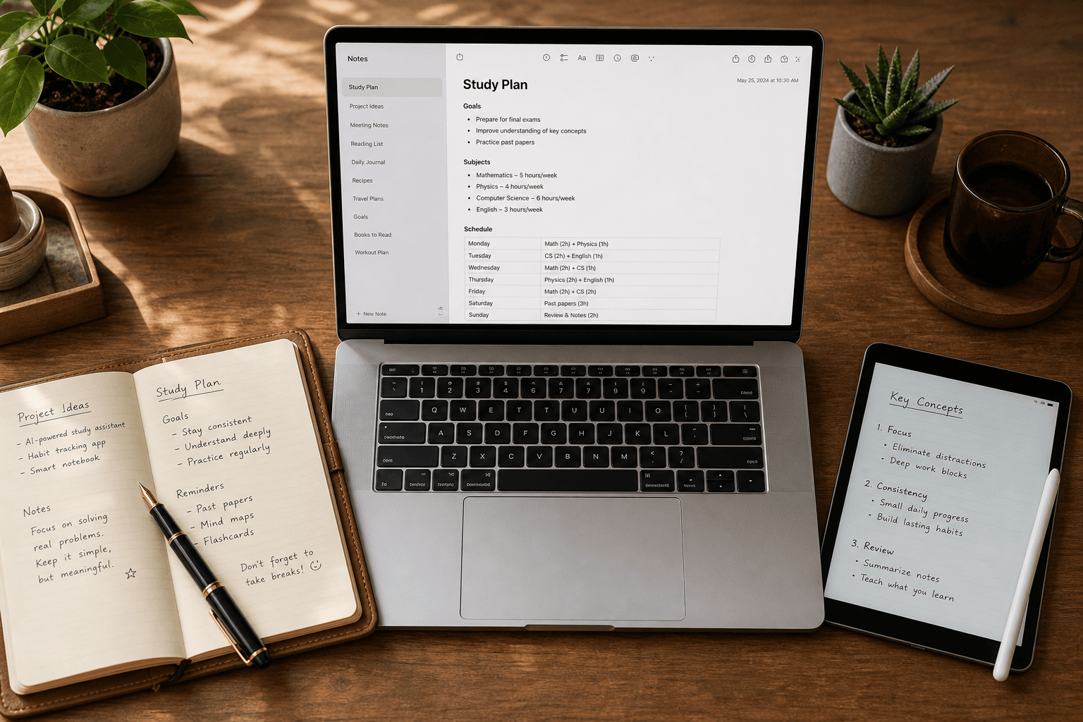 A top-down flat-lay of a wooden desk with a silver MacBook open to a note-taking app with bullet points, a leather-bound notebook with handwritten notes and a fountain pen on the left, and a tablet with a stylus on the right, all under warm natural lighting.