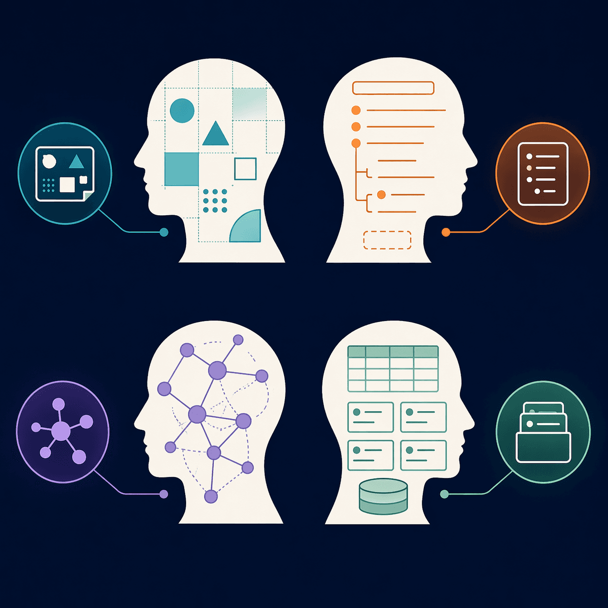 Four quadrant illustration showing visual, linear, networked, and structured thinker silhouettes linked to PKM tool icons.