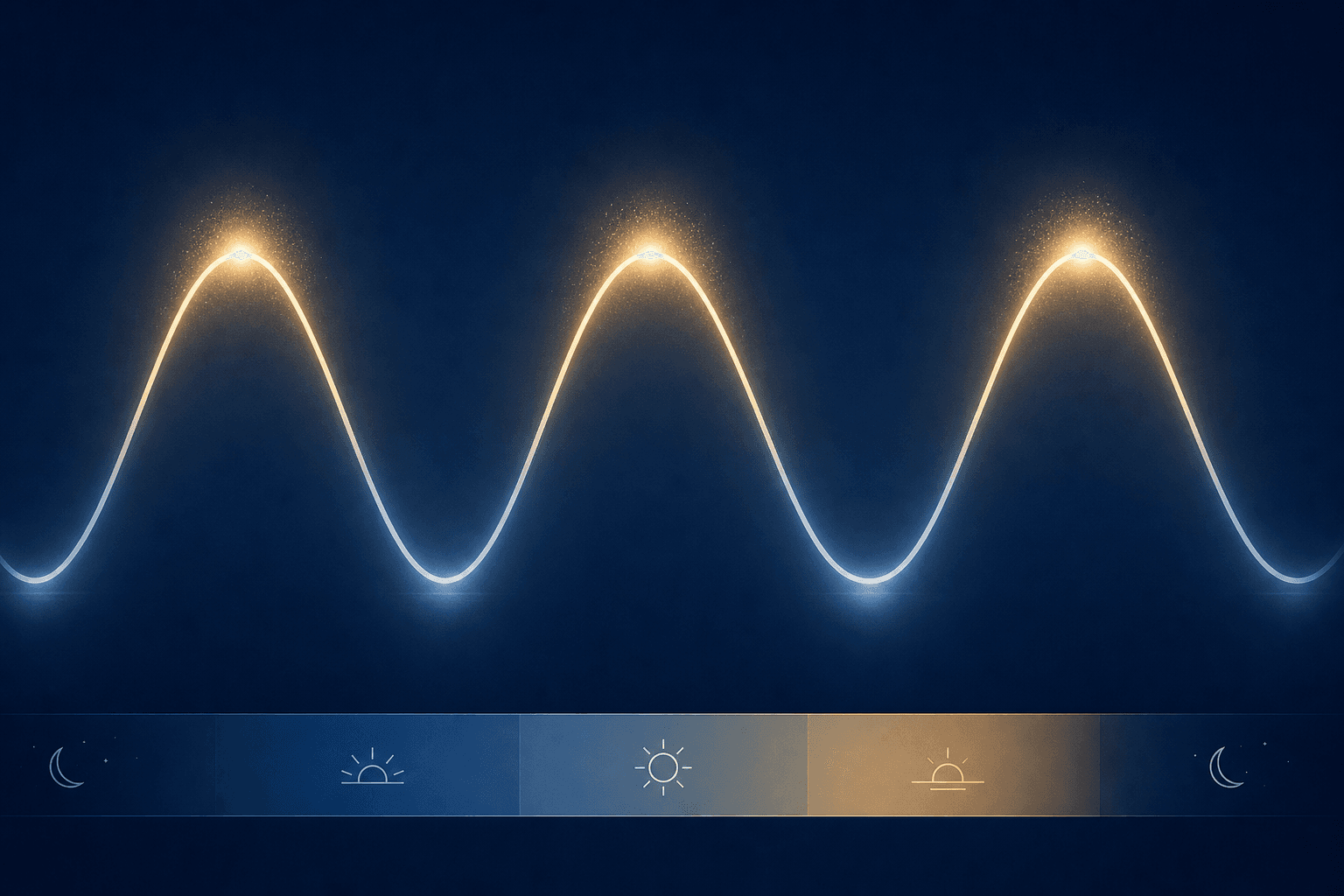 Sine wave diagram on a navy background showing repeating 90-minute peak performance windows alternating with 15–20 minute recovery troughs across a working day.